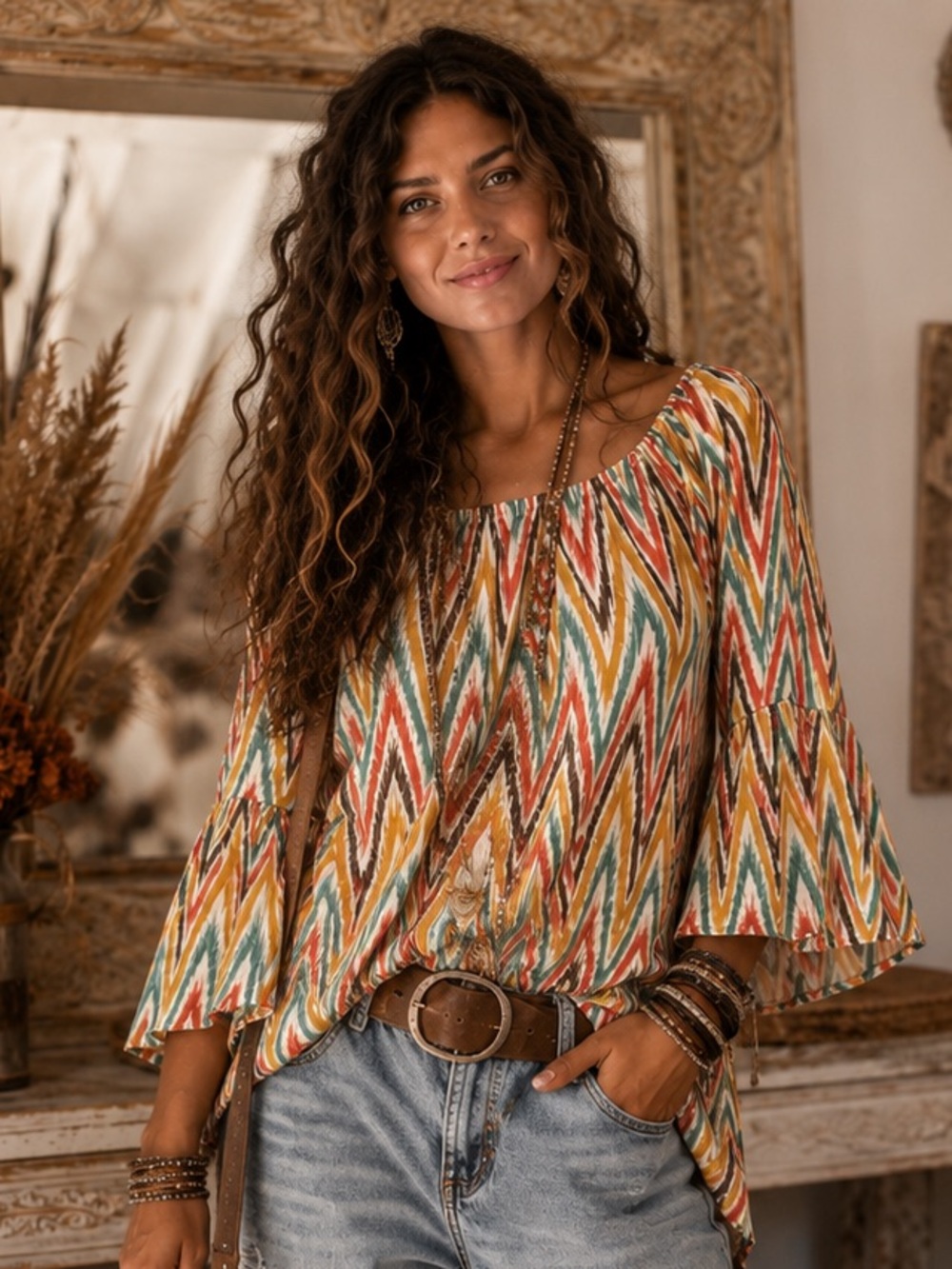 Voll Chevron Print Peasant Tunic in Multi Color Boho Size Small